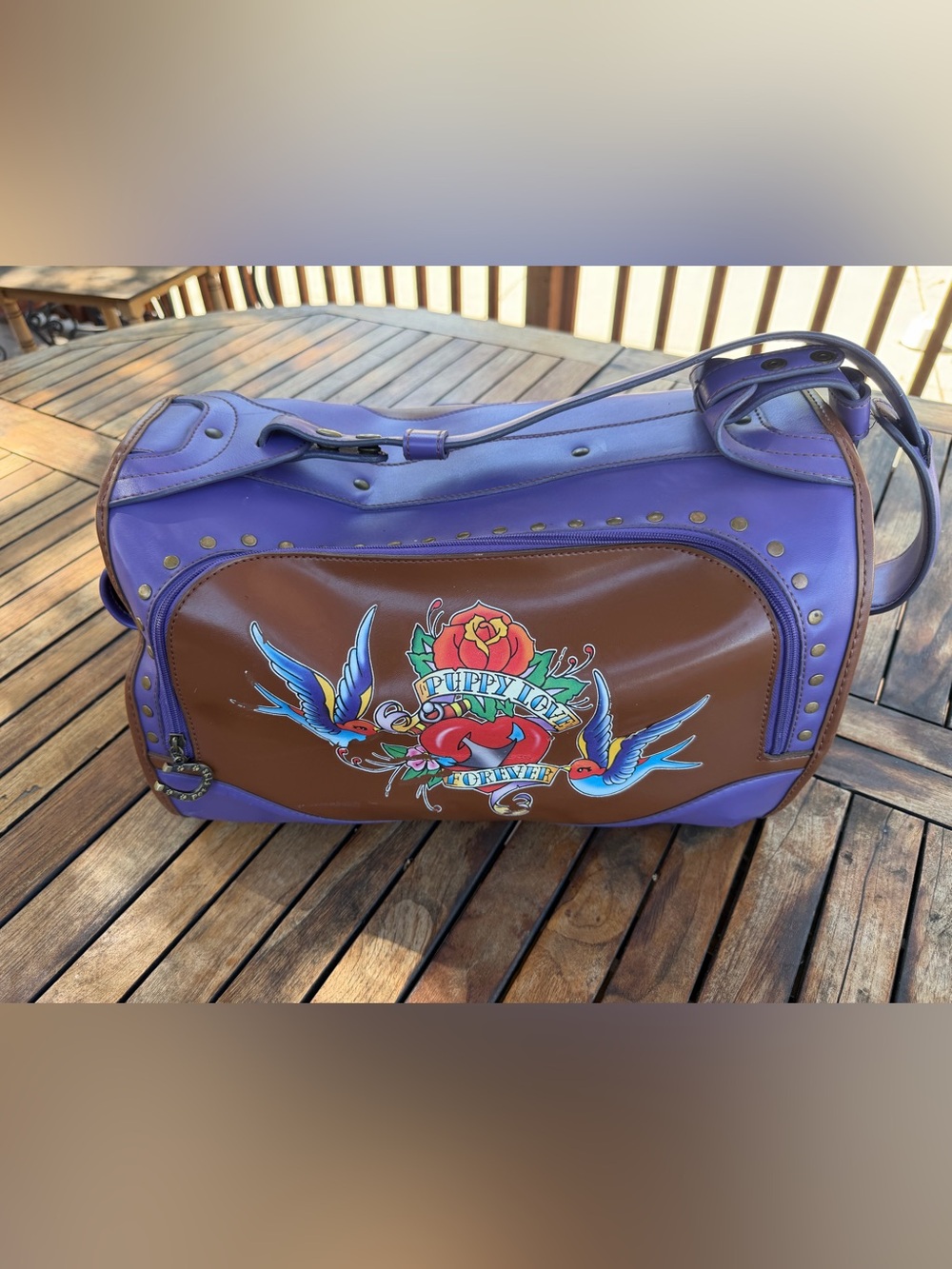 Ed Hardy Purple and Brown Puppy Love Shoulder Bag
